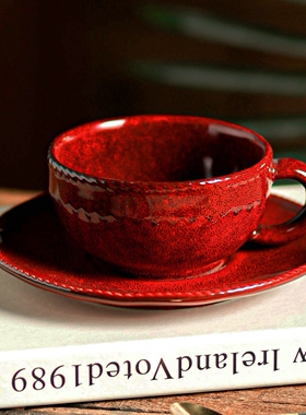 陶瓷杯碟套装咖啡杯高颜值圣诞马克杯早餐杯本命年水杯红色杯子