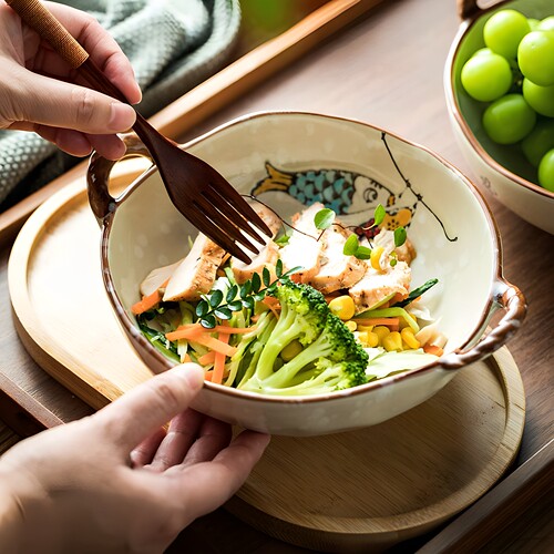 可爱的早餐碗釉下彩双耳碗沙拉碗