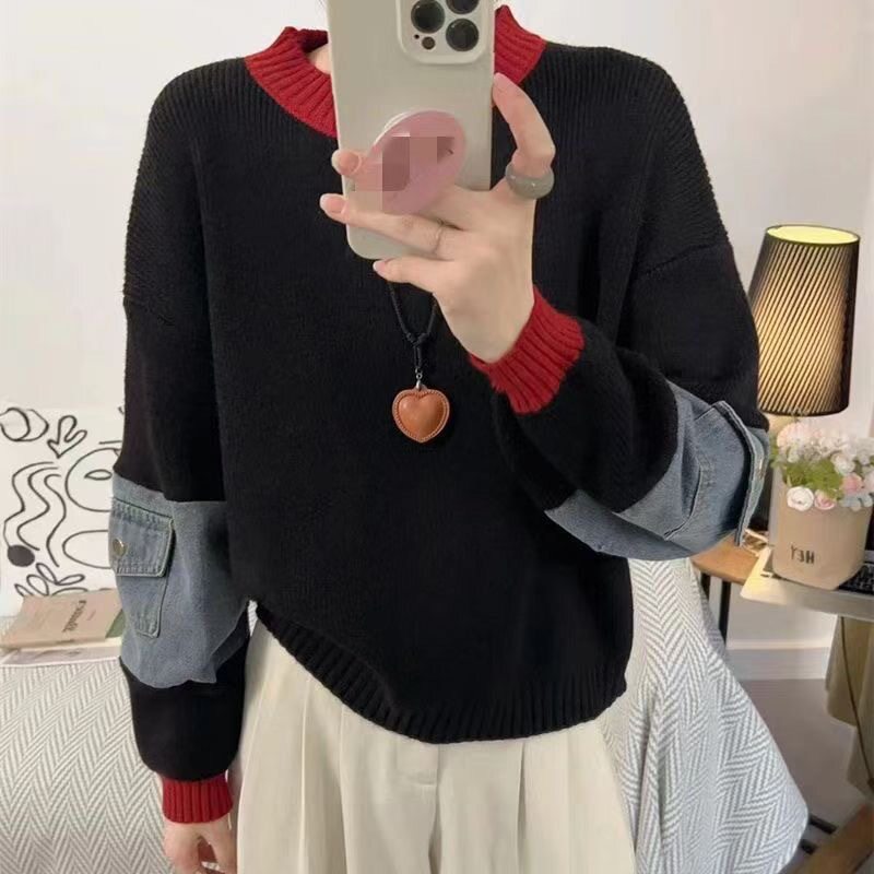 韩版撞色圆领拼接牛仔针织衫上衣2025秋季新款宽松软糯毛衣套头女