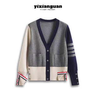 四条杠拼色情侣针织开衫女tb学院风春秋v领经典潮牌长袖毛衣外套