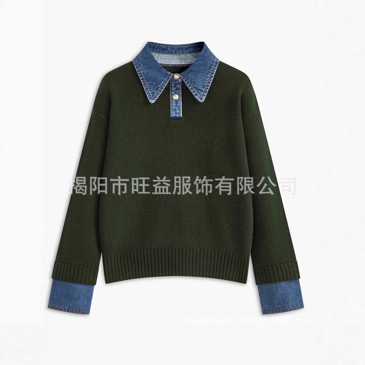 欧美直销跨境牛仔拼接Polo领长袖毛衣女2025秋冬季气质针织衫上衣