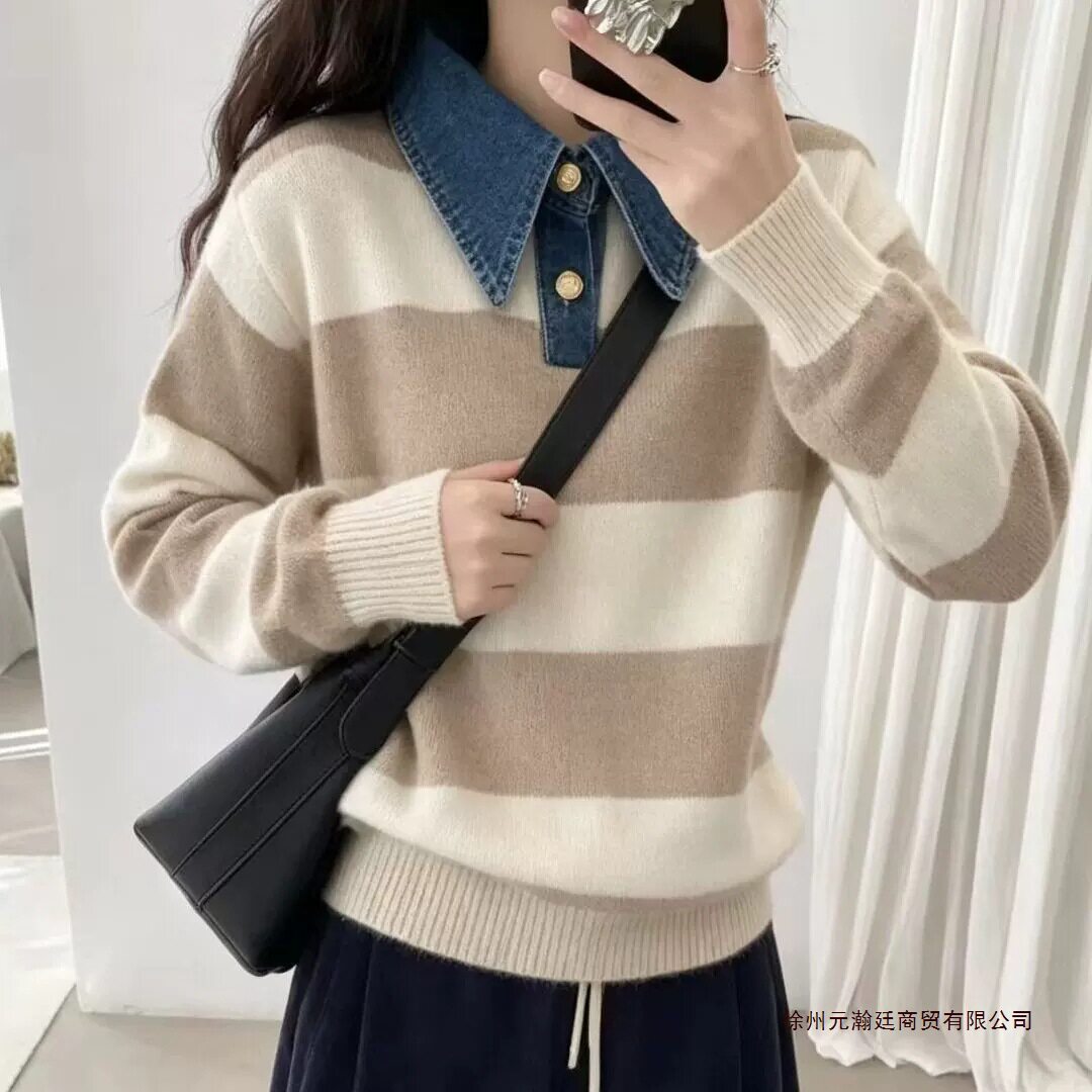 韩系假两件灰色牛仔拼接Polo领毛衣女春季新款慵懒显瘦针织衫上衣
