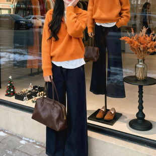 好看冬装一整套女时尚韩版翻领软糯打底衫针织毛衣牛仔裤三件套