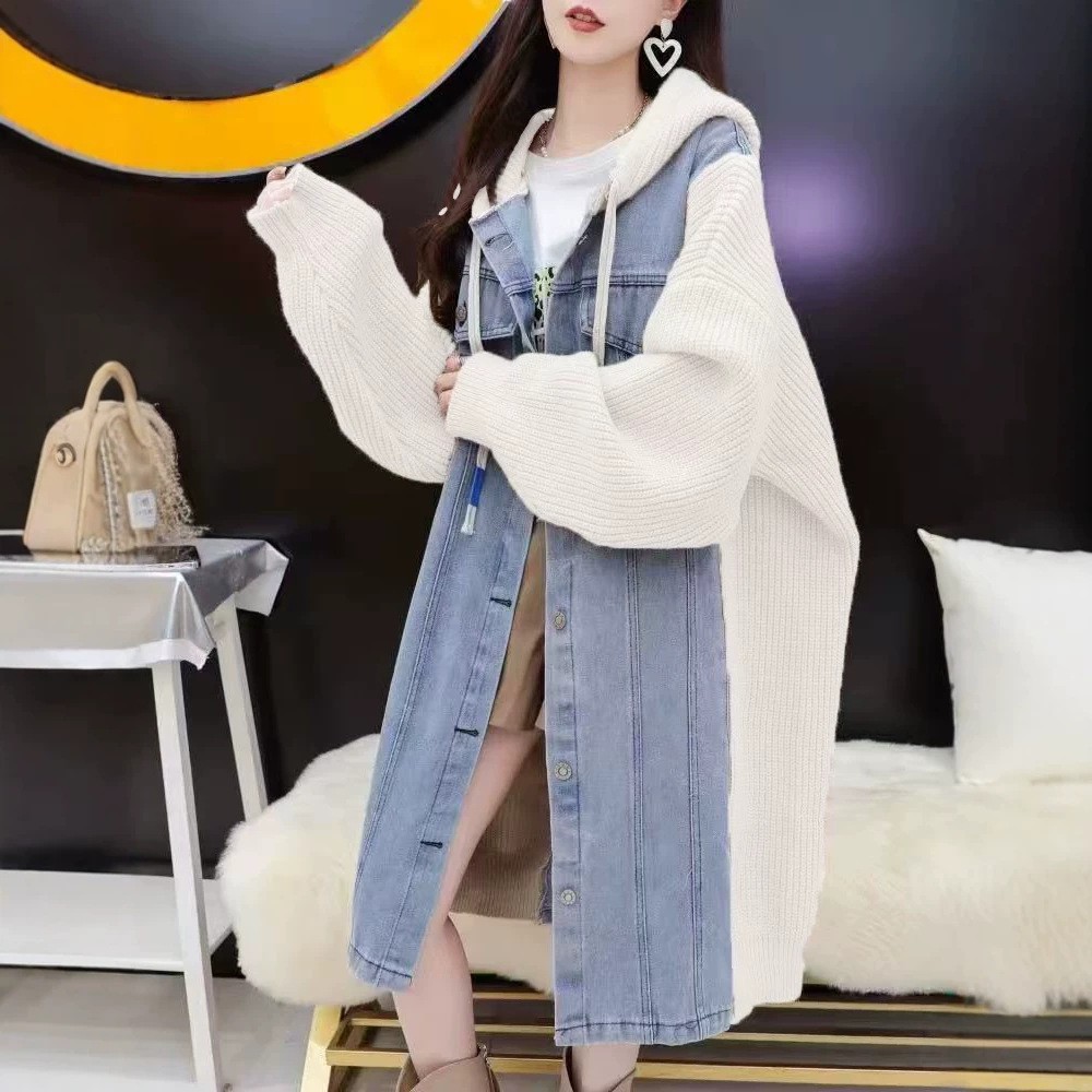 连帽拼接牛仔毛衣女秋冬日韩版中长款过膝针织衫宽松工装大风衣潮