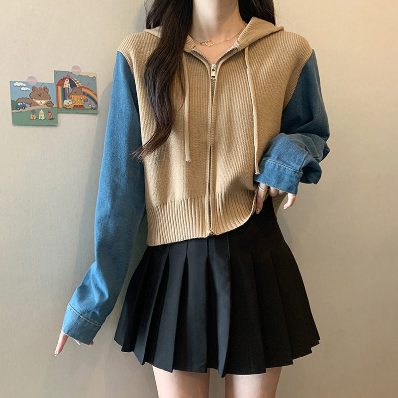 实拍 现货韩版春秋装新款ins设计感牛仔拼接连帽外套针织衫毛衣女