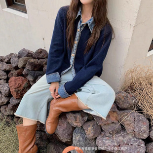 东大门毛衣外套女重磅2025韩系早秋新款假两件优质牛仔拼接针织衫