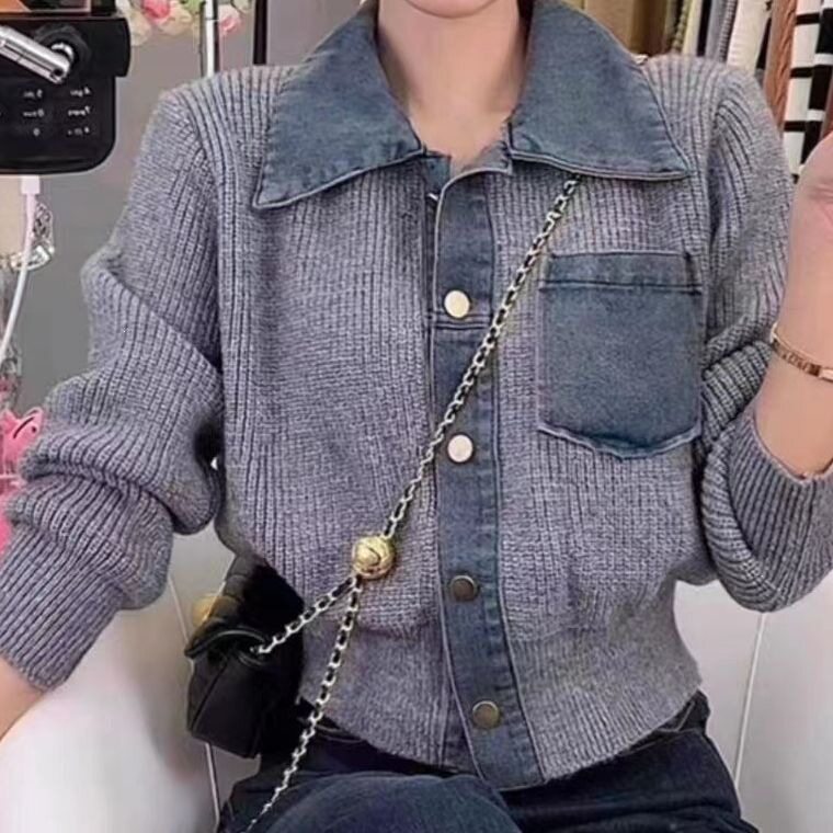 秋冬季新款女装牛仔拼接毛衣女日系慵懒风复古宽松针织衫开衫外套