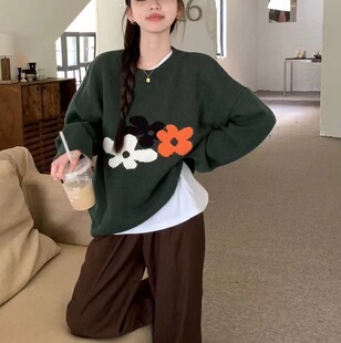 2023秋冬新款复古花朵圆领ins韩系慵懒宽松花朵针织衫套头毛衣女