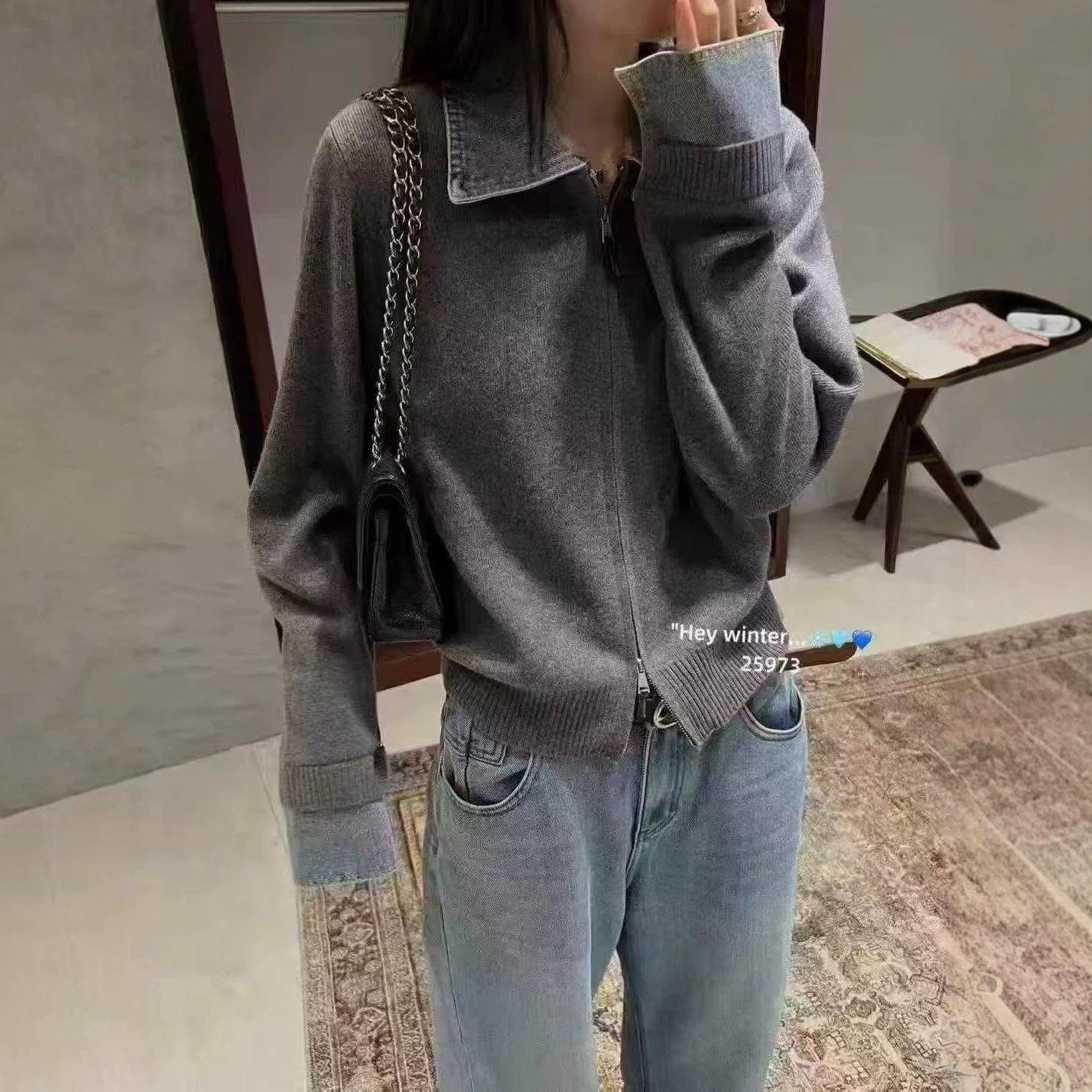 休闲风翻领拉链羊毛开衫女宽松撞色假两件牛仔拼接毛衣外套针织衫