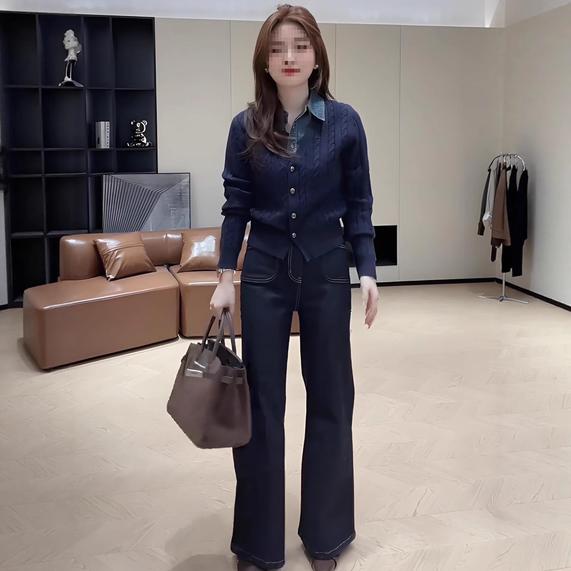 假两件时尚牛仔针织衫女秋季新款时髦洋气拼接上衣好看Polo领