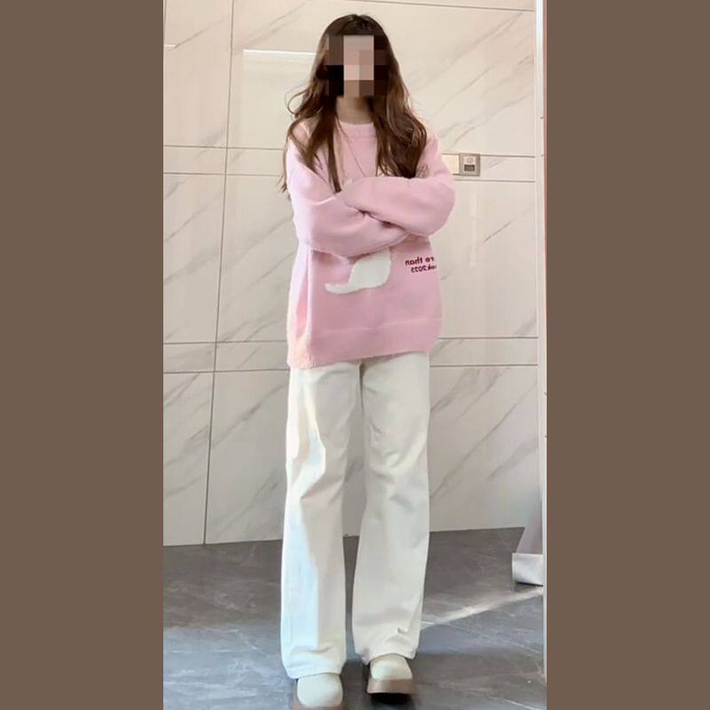 慵懒风外穿猫咪马海毛毛衣女秋季甜妹学生针织衫上衣牛仔长裤套装