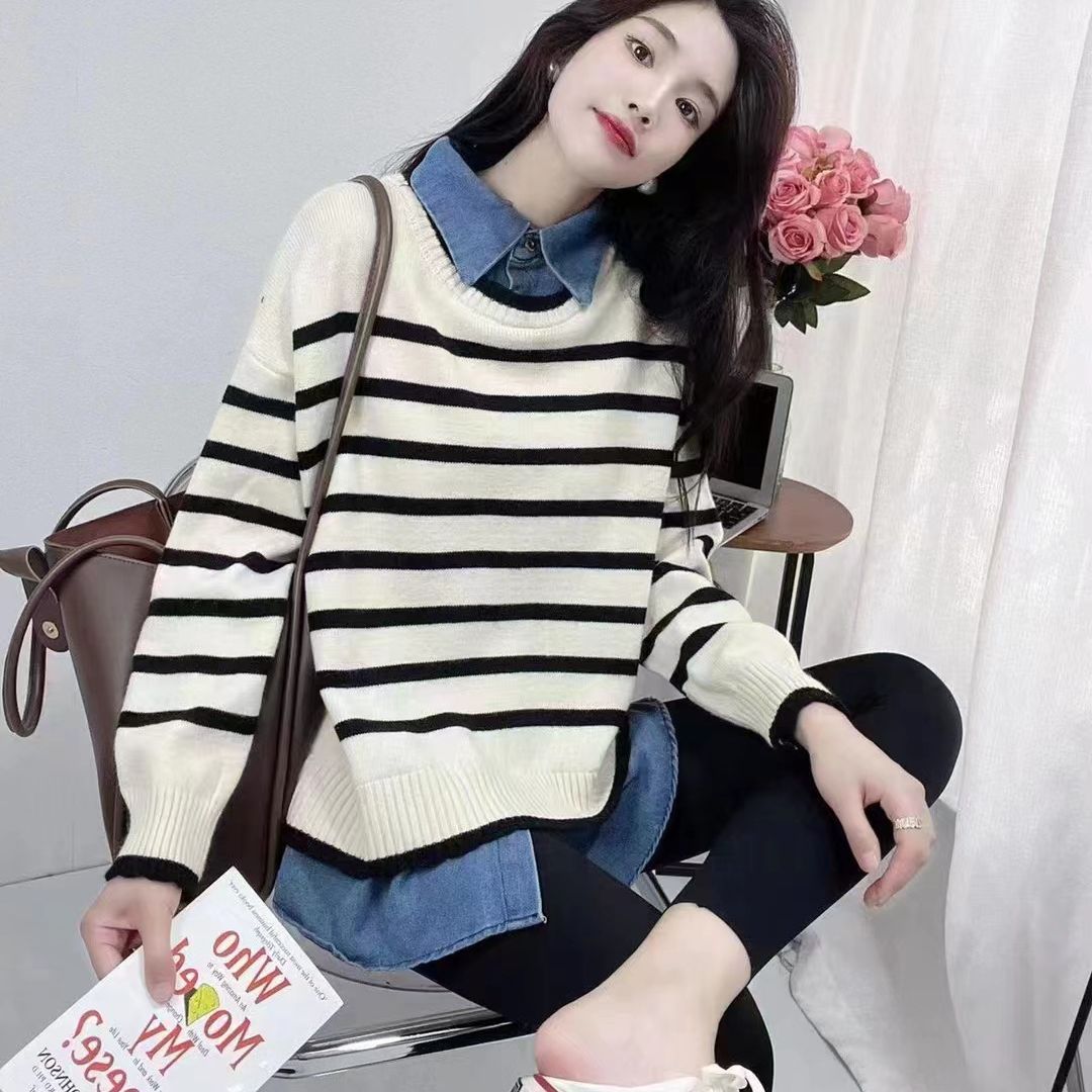 假两件拼接牛仔POLO领2023秋季毛衣女时尚条纹针织衫宽松女士