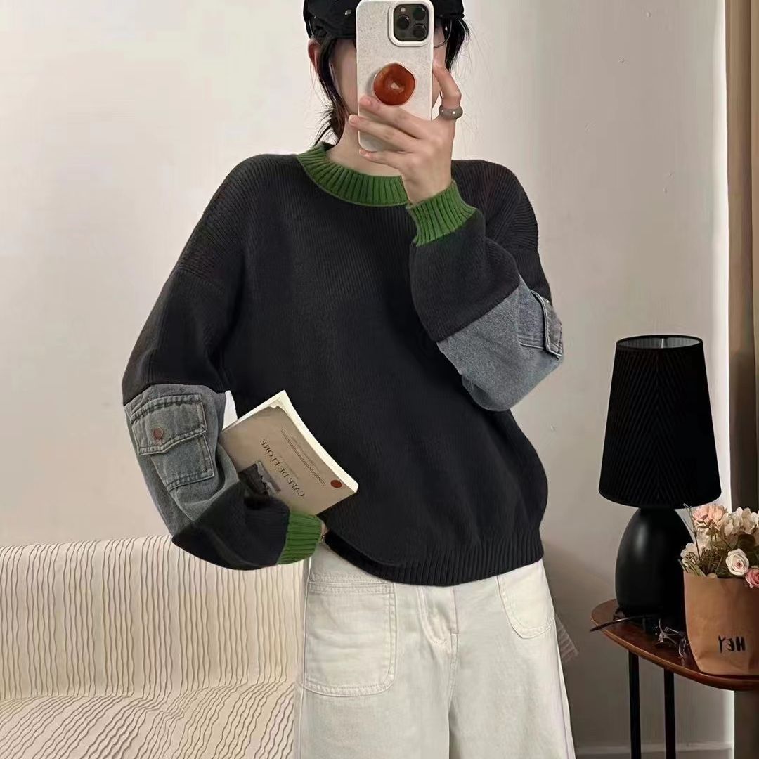 秋冬长袖宽松2025新款时尚牛仔拼接针织衫柔软细腻休闲毛衣上衣