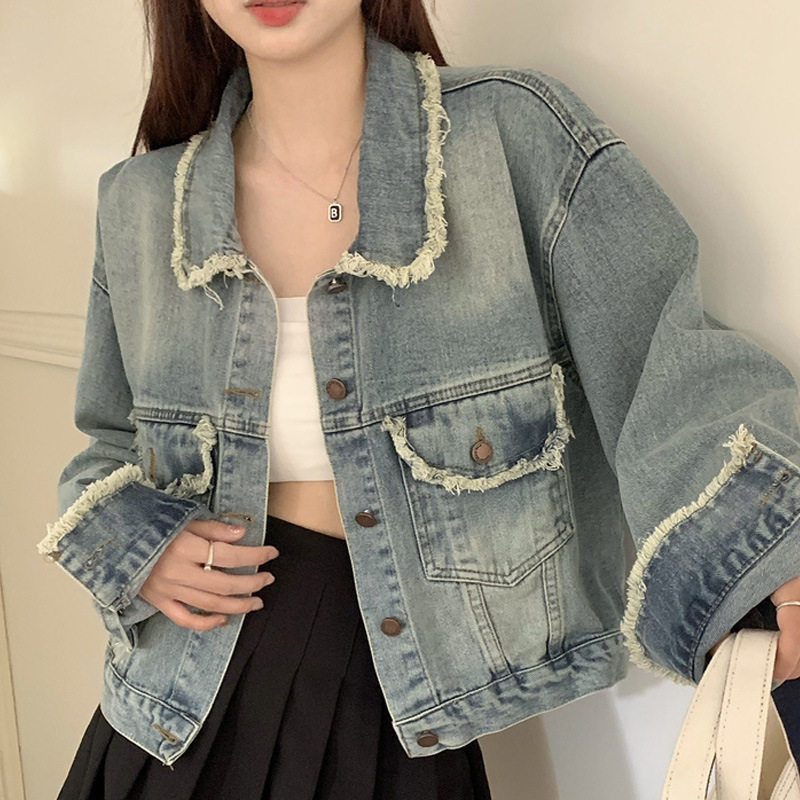 春秋小香风毛须边牛仔外套女设计感小众短款宽松休闲龄夹克上衣