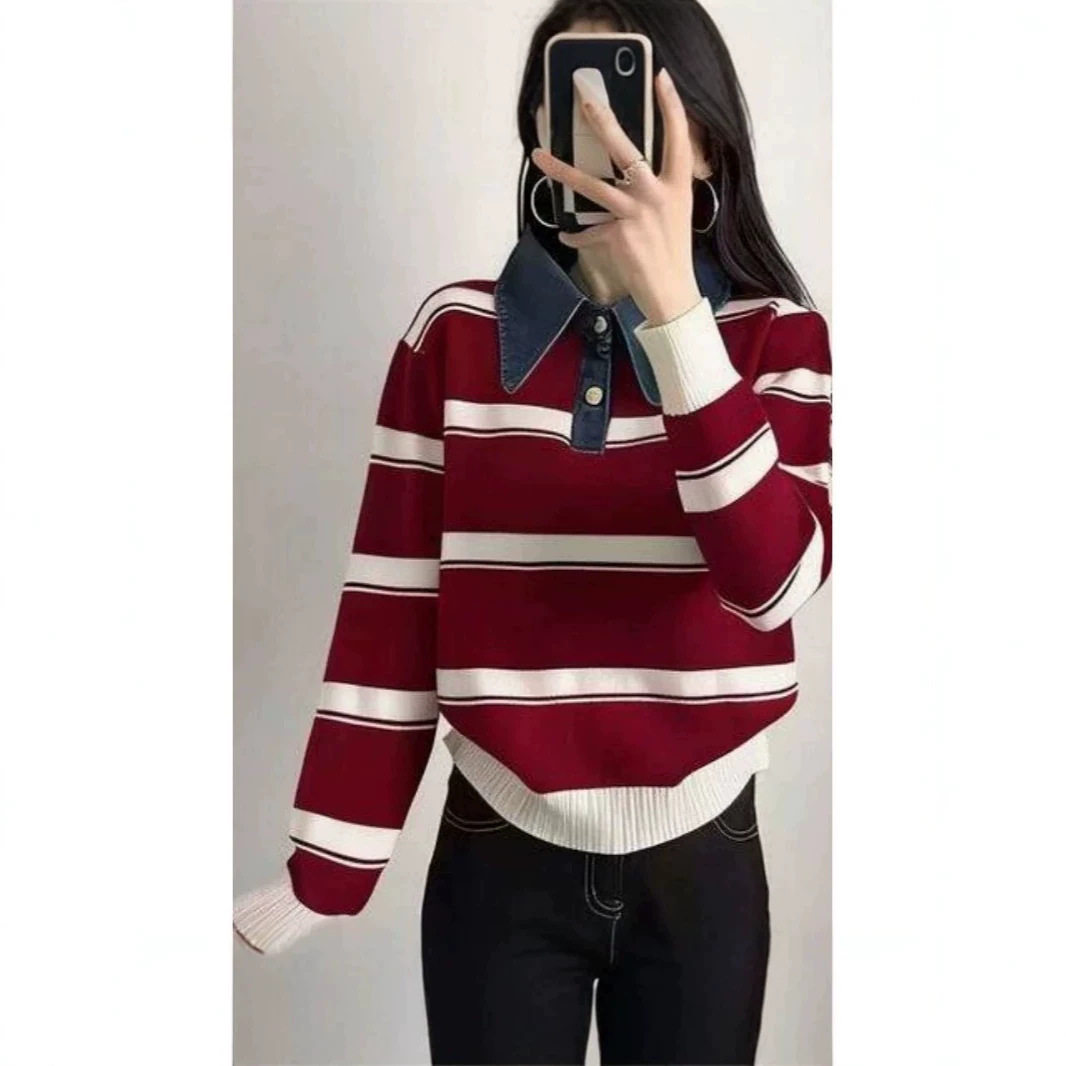 时尚牛仔领拼接毛衣女撞色条纹假两件针织上衣秋冬新款宽松打底衫