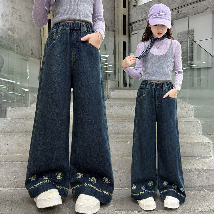 女童牛仔阔腿裤2025新款刺绣花边长裤韩版宽松休闲裤,童装/婴儿装/亲子装,儿童牛仔裤,淘宝优惠券,粉丝福利购,淘宝优惠卷
