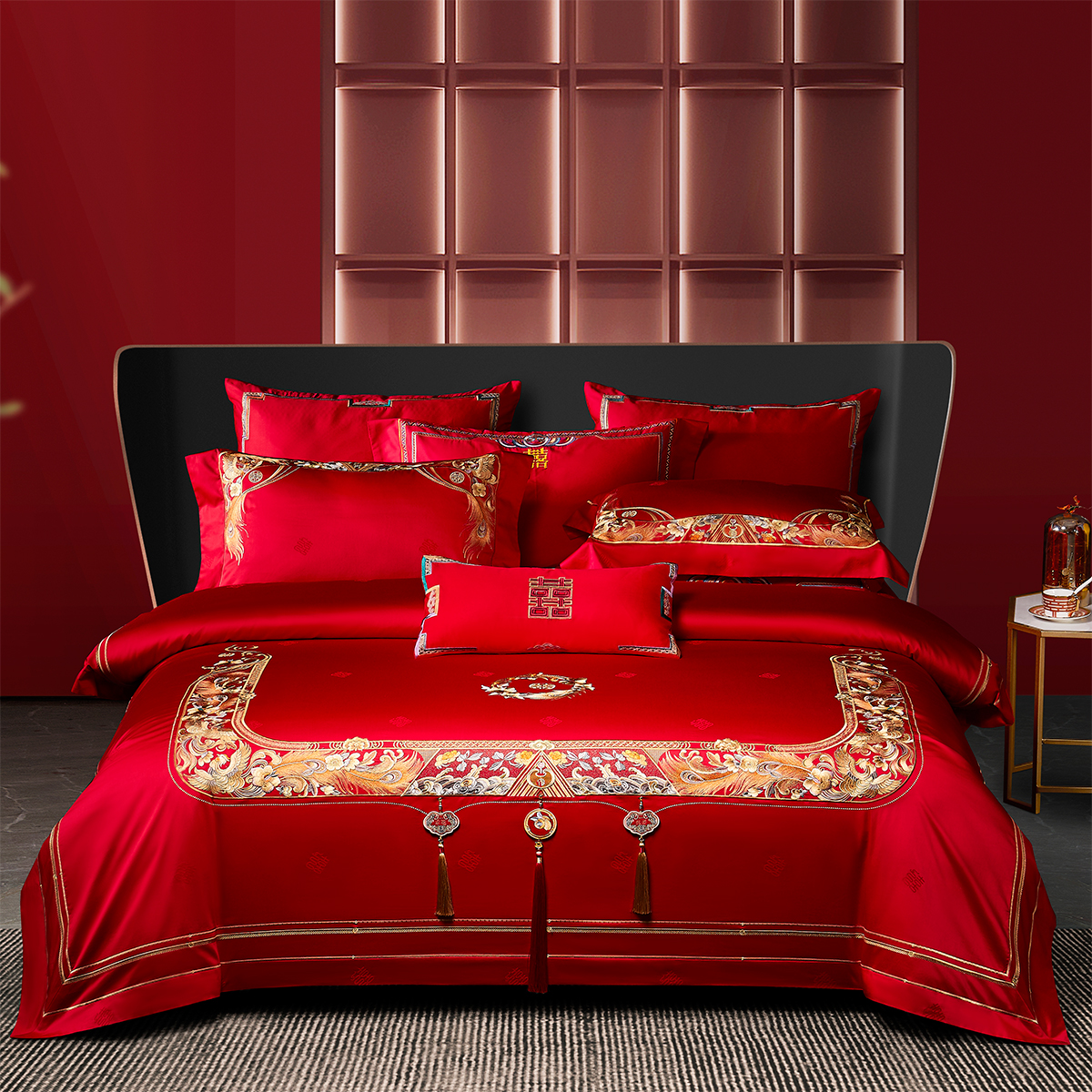 高档结婚四件套新婚陪嫁全棉纯棉十件套奢华刺绣婚嫁喜被床上用品