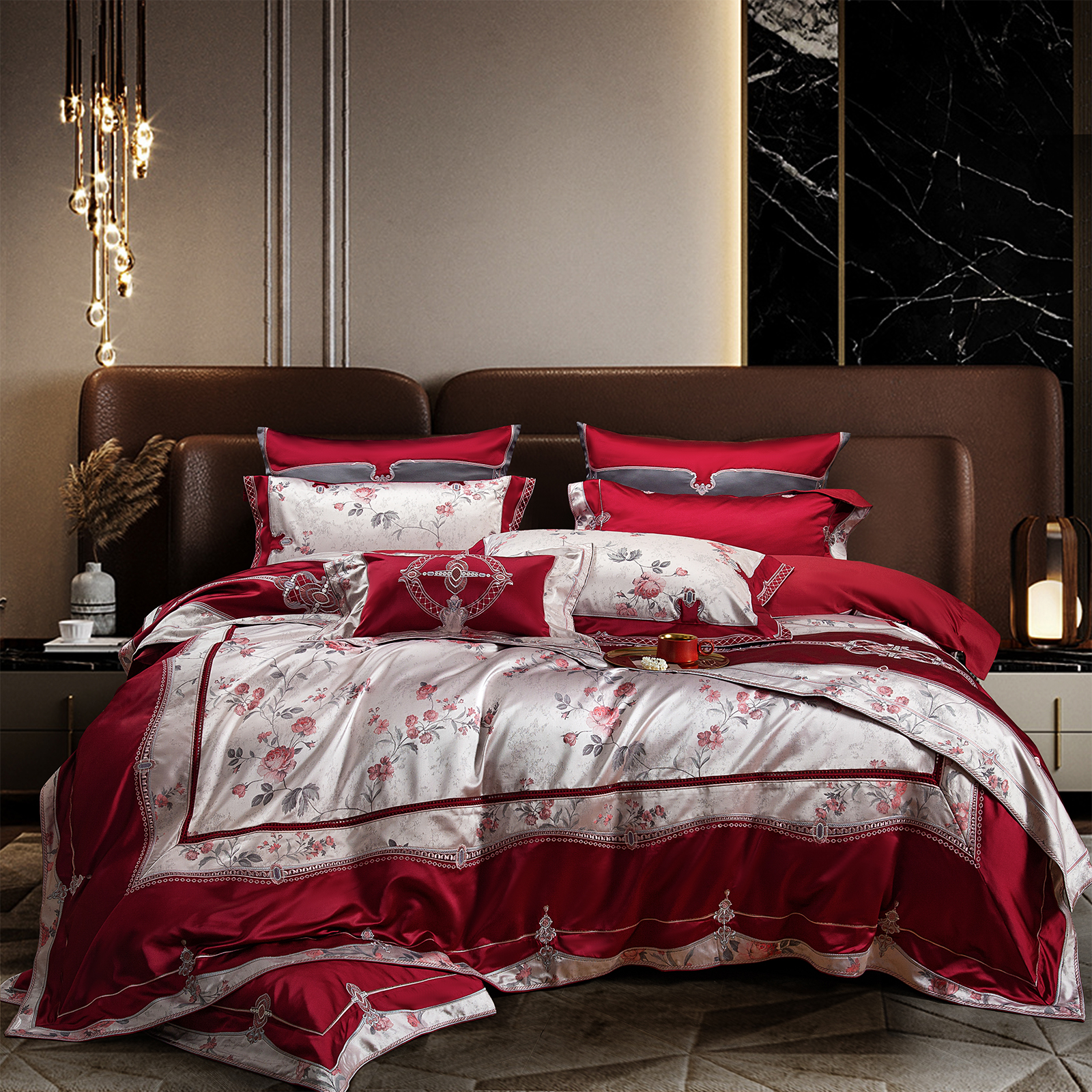 新中式高端结婚四件套140支真丝棉刺绣被套酒红陪嫁婚庆床上用品