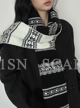 1sn~2026双面毛线针织围巾女冬季保暖百搭雪花氛围感红色围脖加厚