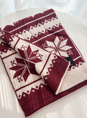 1sn~ 韩系双面加厚提花针织围巾女冬保暖红色复古围脖高级软糯感