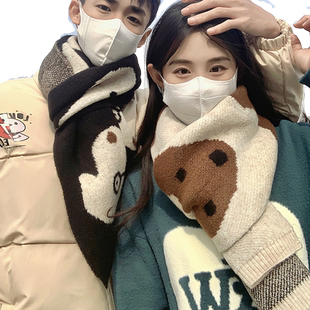1sn 冬季新款韩系简约毛线针织情侣围巾可爱卡通百搭学生男女围脖