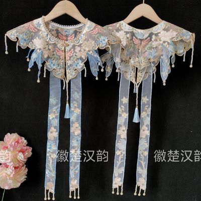精品珍珠领围天蓝色牡丹飘带水钻珍珠明制汉服云肩重工绣花百搭