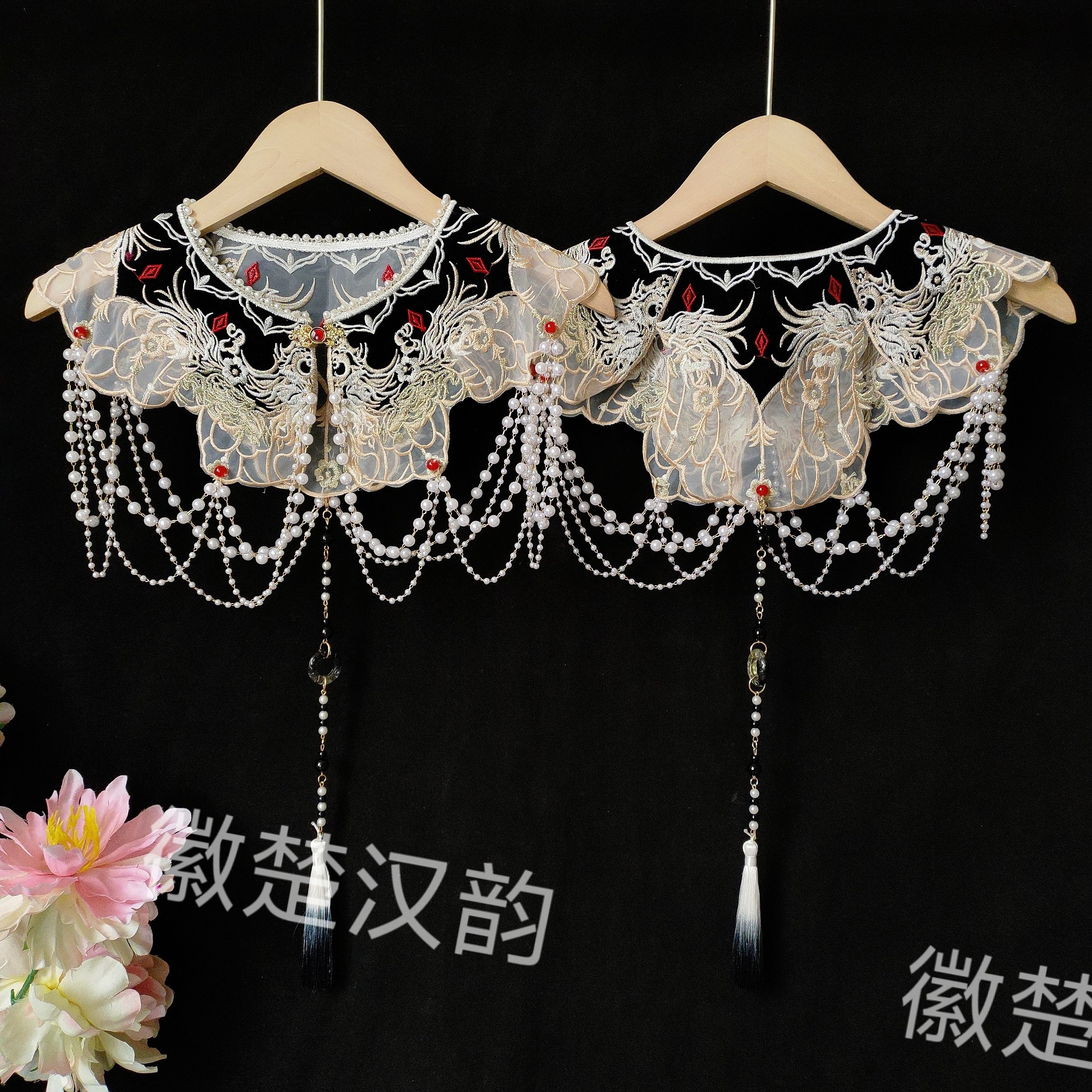 精品珍珠领围 敬酒服国风云肩红色回门刺美流苏汉服绣花假领成人