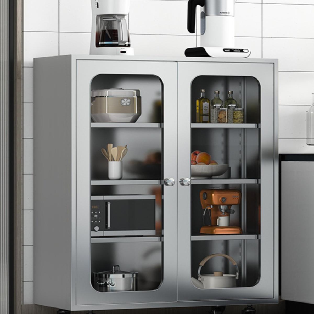 304不锈钢移动玻璃门碗柜餐边柜家用厨房橱柜餐厅柜收纳柜储物柜