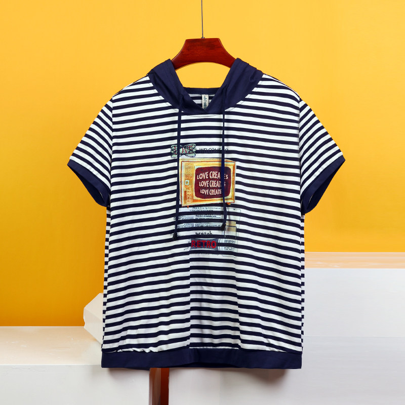 2023衣之庄园新款连帽条纹休闲短袖兰白色宽松显瘦t恤女2171679