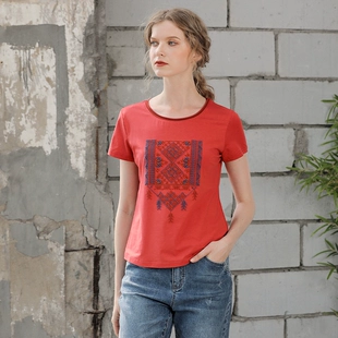 半截袖 圆领宽松短款 T恤衫 上衣莫代尔短袖 衣之庄园夏季 女棕红刺绣