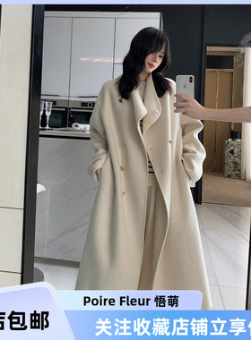 PoireFleur秋冬新款立领设计款双排扣女长款宽松版羊毛大衣外套