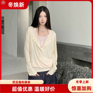 Poire 休闲百搭辣妹上衣 Fleur韩系假两件t恤女小众慵懒宽松蝙蝠袖