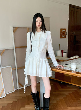 poire Fleur秋季白色法式显瘦长袖立体花朵气质b中长款衬衫连衣裙