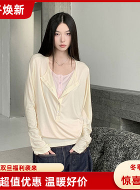 Poire Fleur韩系假两件t恤女小众慵懒宽松蝙蝠袖休闲百搭辣妹上衣