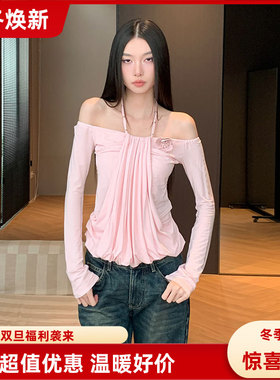 Poire Fluer粉色t恤女小众假两件挂脖花朵长袖一字领显瘦辣妹上衣