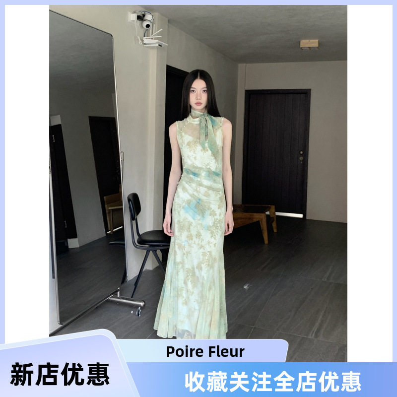Poire Fleur新中式气质改良旗袍裙修身淡绿色植绒印花包臀连衣裙