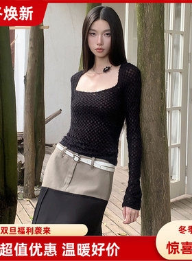 Poire Fleur[沙丘风]拼接小众镂空微透修身显瘦百搭辣妹黑色上衣