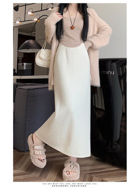 Poire Fleur韩系温柔秋冬高腰直筒型包臀裙针织加绒修身女半身裙