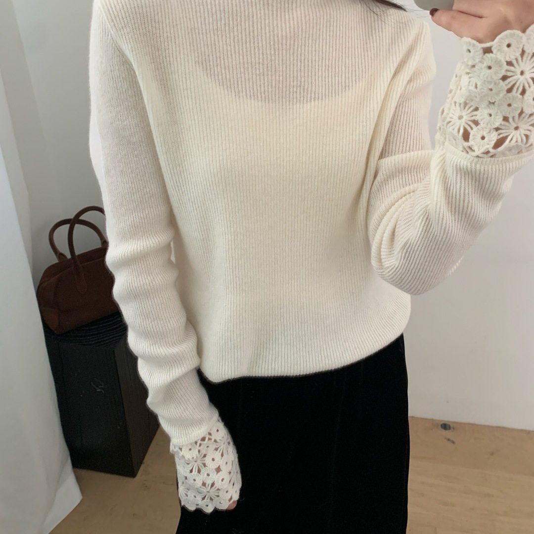 温柔全羊毛特种绣花袖口高领修身打底衫手工钩花纯羊毛针织衫韩版