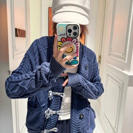 45r粗针麻花100%全棉开衫刺绣原版品质绞花针织外套盘扣秋冬新款