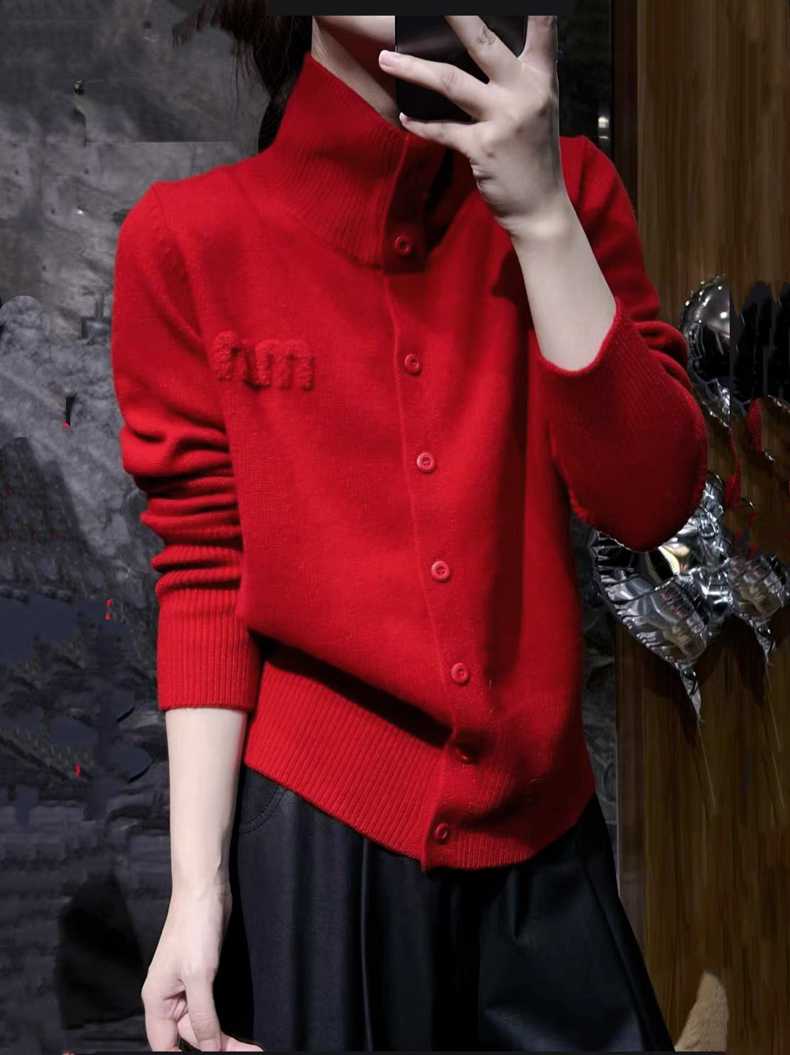 全羊毛2025冬季新款欧货简约质感高领一排扣刺绣字母羊毛衫女开衫