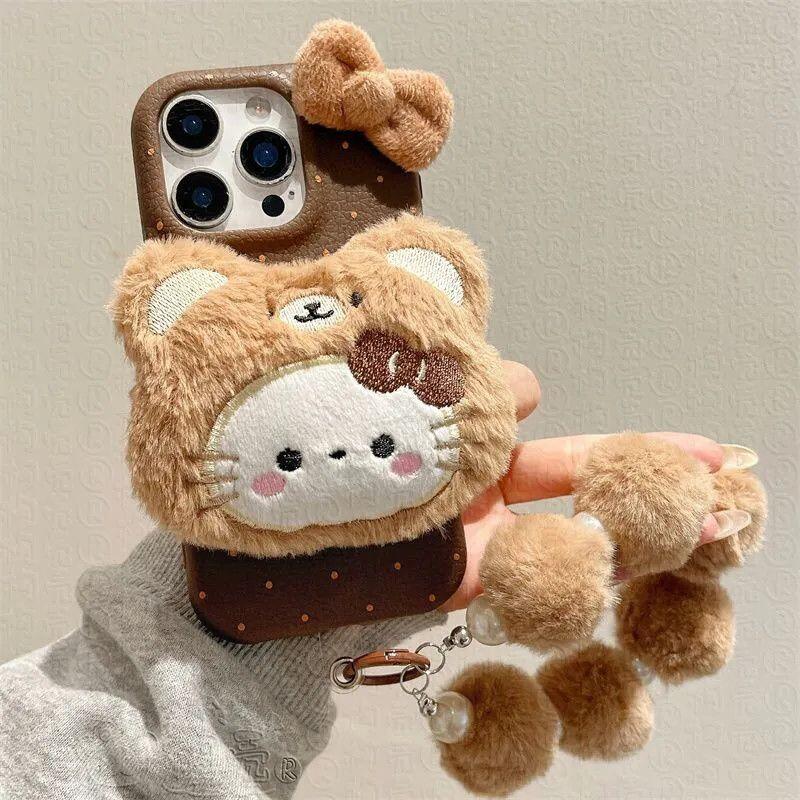 立体可爱毛绒kt猫公仔适用苹果17Promax新款毛球手链16pro皮纹tpuvivox300防摔小米17Promax情侣OPPOfindx9软