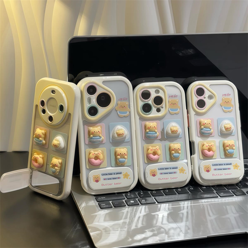 hello黄油熊四格适用苹果15promax手机壳16pro华为mate60新款镜面支架pura70奶油壳OPPOReno12/vivos19x100软