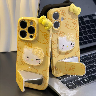 黄色kitty适用苹果15promax手机壳16pro华为mate60新款镜面支架pura70菲林壳OPPOReno12/vivos19x100小米15套