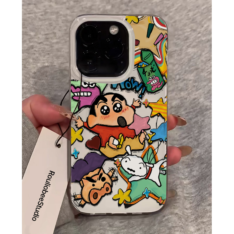 ins风涂鸦小新适用苹果16/15/14pro手机壳华为Pura70pro新款mate60/OPPOReno13大孔白色vivos19x100小米14套