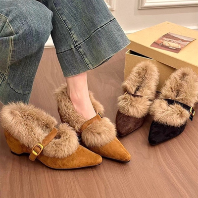 玛丽珍毛毛鞋女2025年冬季新款法式气质高级感加绒保暖坡跟高跟鞋