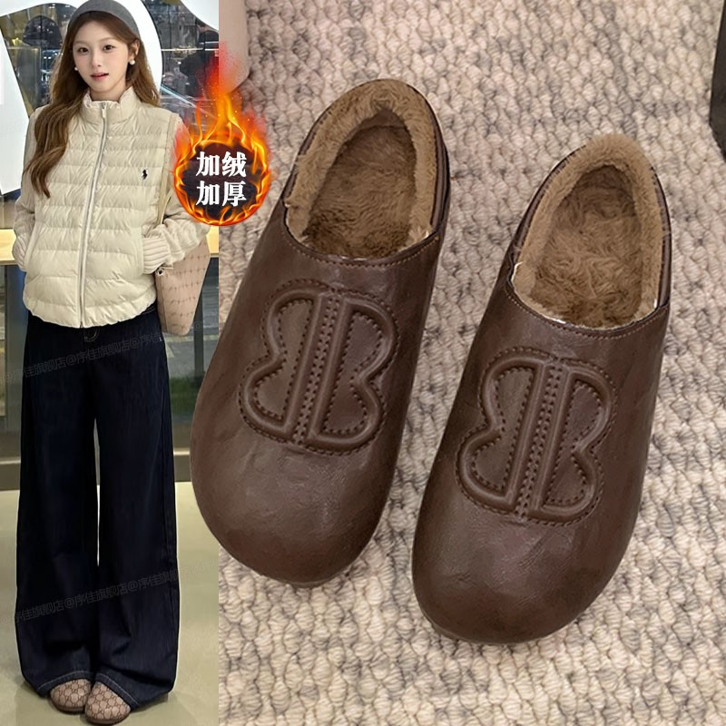 内增高加绒皮面勃肯鞋女2025冬季新款毛毛豆豆鞋一脚蹬棉鞋雪地靴