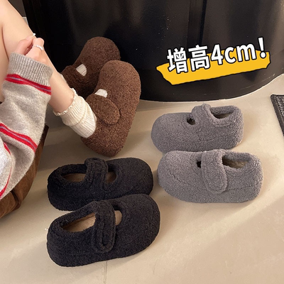 厚底内增高毛呢加绒勃肯鞋女2025冬季新款玛丽珍豆豆鞋毛毛鞋棉鞋
