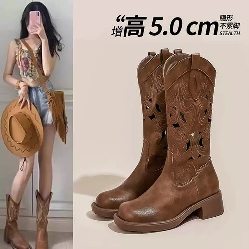 川藏内增高镂空西部牛仔靴女2026新款秋季高筒马丁靴旅游中筒长靴