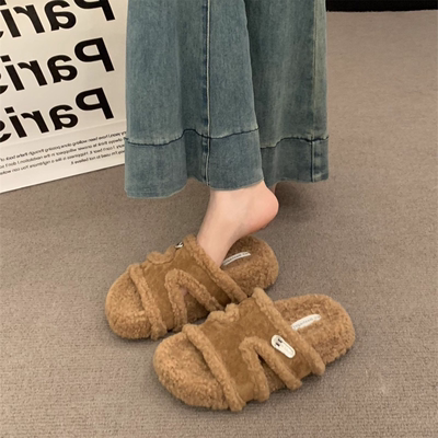 毛毛拖鞋女外穿2025新款冬季居家厚底毛绒勃肯棉拖鞋一脚蹬一字拖